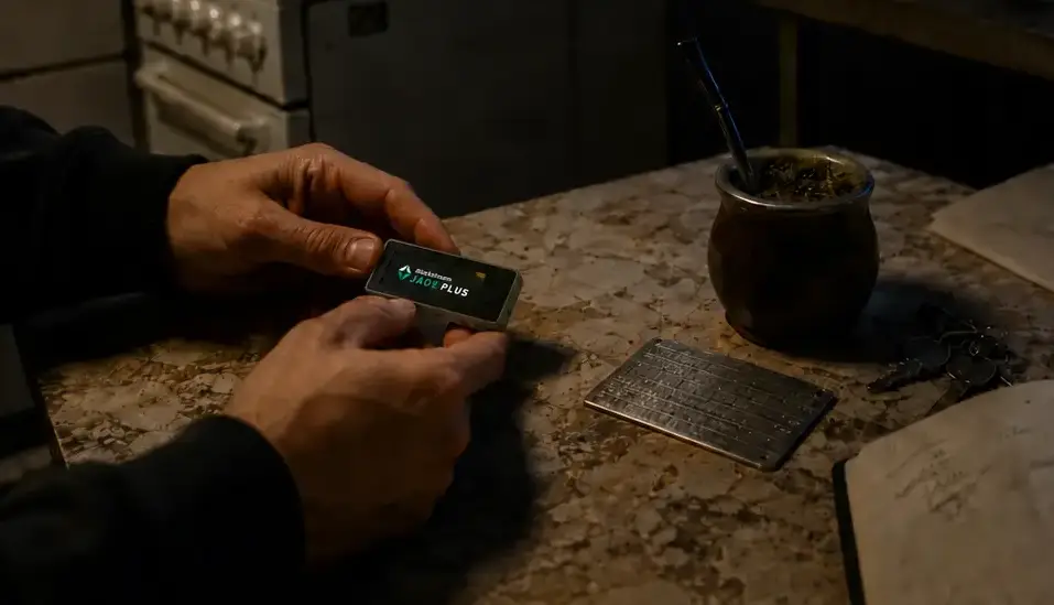 Hardware wallet, mate y nodo personal en una cocina argentina de departamento.