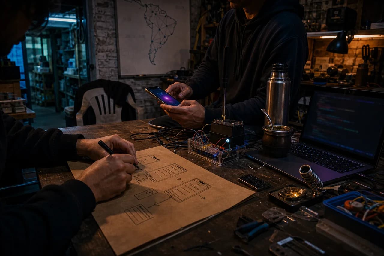 Builder probando prototipos en un taller con mate, cables y mapa de Latinoamerica.