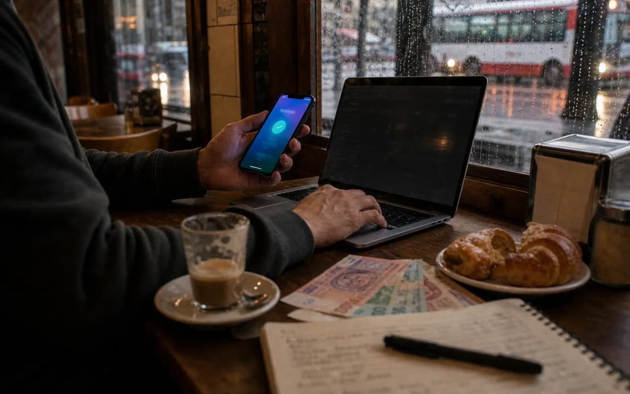 Freelancer trabajando desde un cafe de barrio con laptop, celular, pesos y cortado.